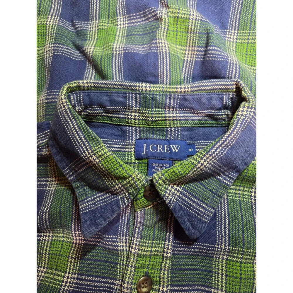 J. Crew Mens Blue Green Plaid Flannel Button Down Shirt Small Long Sleeve Cotton